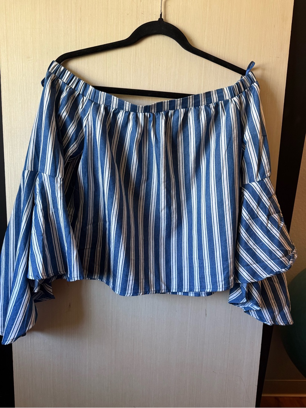 Blue and White Striped Off-Shoulder Bell Sleeve Top